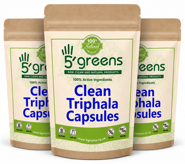 Three packages of 5 Greens Clean Triphala Capsules on a white background