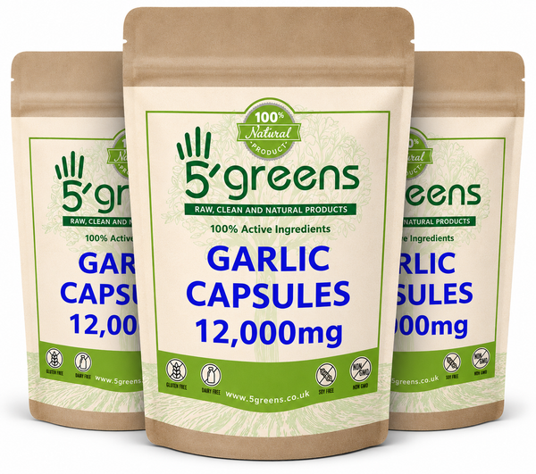 Three packages of 5 Greens Garlic Capsules on a white background