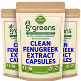 Three packages of 5'greens Clean Fenugreek Extract Capsules on a white background