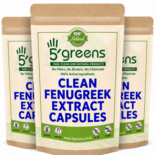 Three packages of 5'greens Clean Fenugreek Extract Capsules on a white background