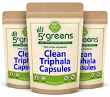 Three packages of 5 Greens Clean Triphala Capsules on a white background