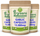 Three packages of 5 Greens Garlic Capsules on a white background
